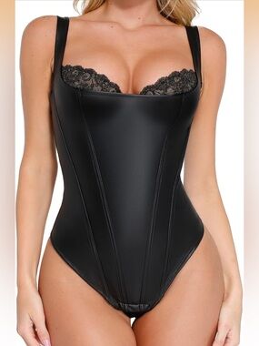 ✨NEW✨ Popilush Shapewear Faux Leather Lace Balconette Sculpting Bodysuit - Large
